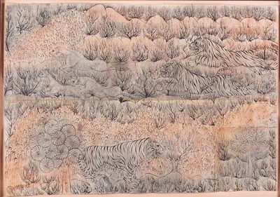Lot 342 - TIGERS HUNTING DEER IN A FOREST
