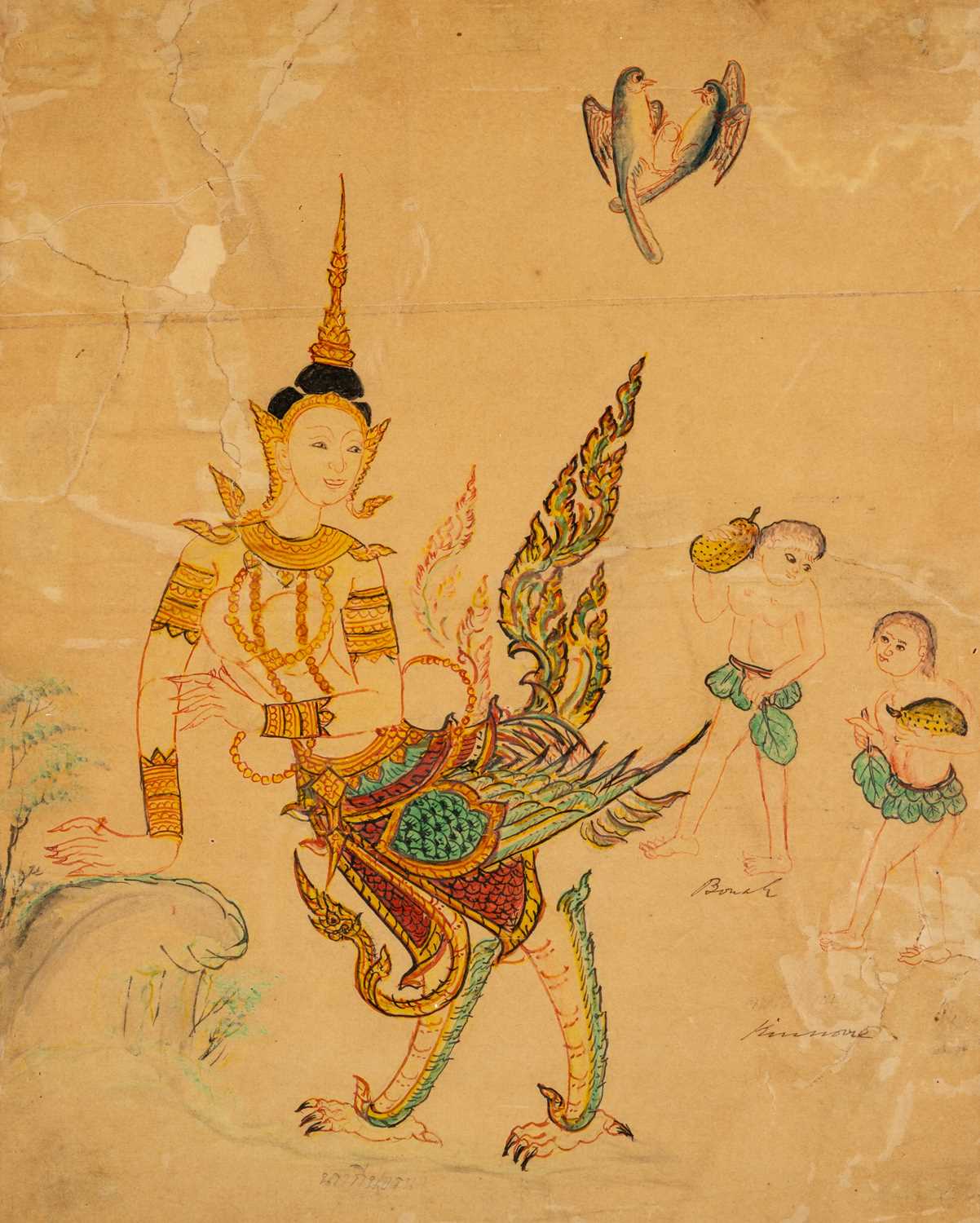 Lot 540 - A COLOURED DRAWING OF A KINNARA, THAILAND, 19TH CENTURY