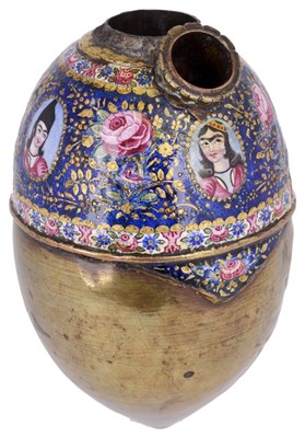 Lot 374 - â€¡ A QAJAR ENAMELLED BRASS QALIAN BOTTLE