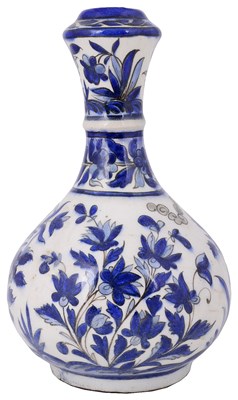Lot 409 - â€¡ A QAJAR BLUE AND WHITE POTTERY QALIAN BOTTLE