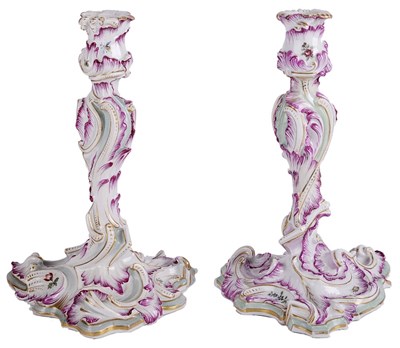 Lot 446 - A PAIR OF PORCELAIN CANDLESTICKS