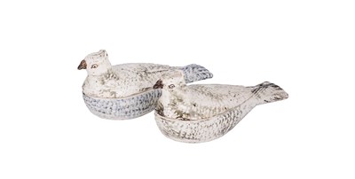 Lot 458 - A PAIR OF STAFFORDSHIRE POTTERY PIGEON TUREENS AND COVERS
