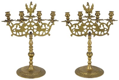 Lot 482 - A PAIR OF BRASS SABBATH CANDELABRA