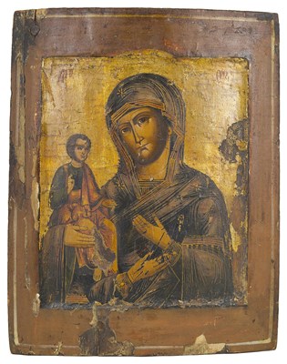 Lot 490 - A RUSSIAN ICON OF THE 'TROERUCHITSA' (THREE-HANDED) MOTHER OF GOD