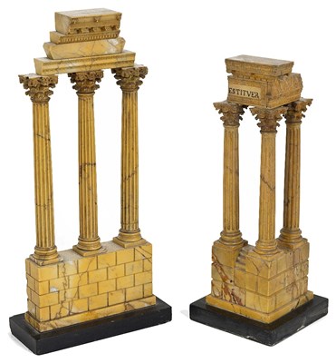 Lot 497 - A PAIR OF GIALLO ANTICO MARBLE 'GRAND TOUR' MODELS OF TEMPLE RUINS