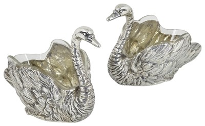 Lot 518 - A PAIR OF GERMAN SILVER SWAN FORM SWEETMEAT BASKETS