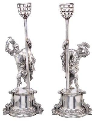 Lot 582 - A PAIR OF VICTORIAN ELECTROPLATE FIGURAL STANDS