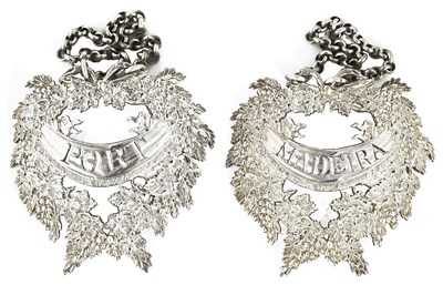 Lot 639 - A PAIR OF GEORGE III SILVER WINE LABELS (BOTTLE TICKETS)