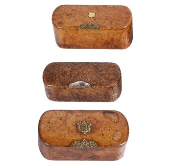Lot 665 - THREE BURR WOOD SNUFF BOXES