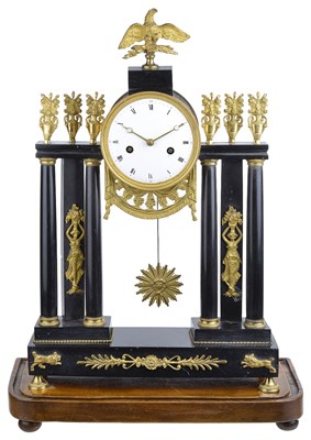 Lot 668 - AN ORMOLU-MOUNTED BLACK MARBLE PORTICO CLOCK
