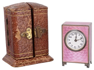 Lot 670 - A SWISS SILVER AND ENAMEL MINIATURE CLOCK