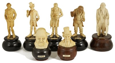 Lot 680 - ~A SET OF FIVE CARVED IVORY CHARLES DICKENS CHARACTER FIGURES AND A PAIR OF BUSTS