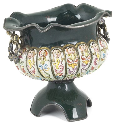 Lot 692 - A SMALL ENAMEL BOWL WITH SILVER-GILT DROP HANDLES