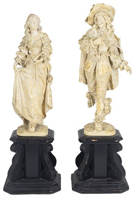Lot 693 - ~A PAIR OF LARGE FRENCH IVORY FIGURES OF A CAVALIER AND HIS COMPANION
