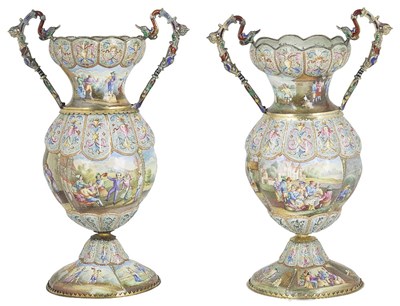 Lot 695 - A PAIR OF AUSTRO-HUNGARIAN SILVER-GILT-MOUNTED ENAMEL VASES
