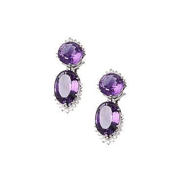 Lot 728 - PAIR OF AMETHYST AND DIAMOND PENDENT EARRINGS