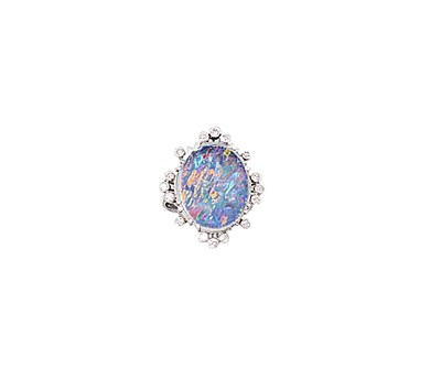 Lot 734 - BLACK OPAL DOUBLET AND DIAMOND RING
