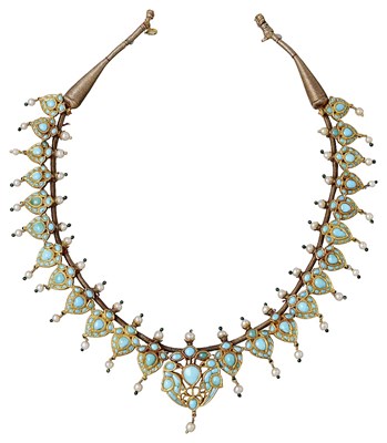 Lot 740 - GOLD, TURQUOISE, PEARL AND ENAMEL NECKLACE, NORTH INDIA, PROBABLY JAIPUR OR DEHLI, CIRCA 1860