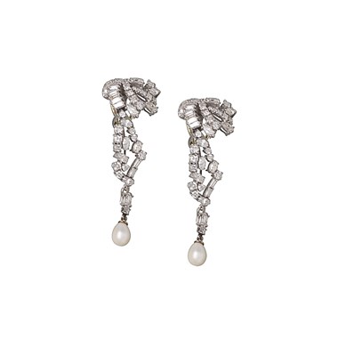 Lot 745 - PAIR OF CULTURED PEARL AND DIAMOND PENDENT EARRINGS