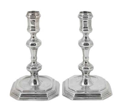 Lot 295 - A PAIR OF QUEEN ANNE SILVER CANDLESTICKS