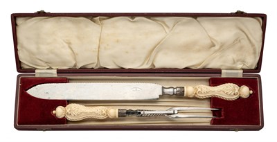 Lot 690 - A CASED IVORY MOUNTED CARVING SET, BROOKES & CROOKES, SHEFFIELD, CIRCA 1870