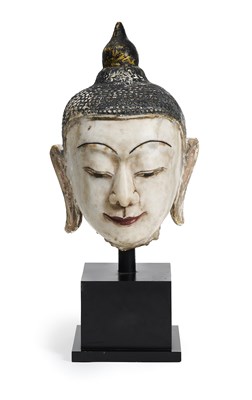 Lot 217 - A CARVED AND PAINTED MARBLE HEAD OF BUDDHA, BURMA (NOW MYANMAR), CIRCA 1900