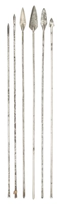 Lot 654 - SIX RARE SOUTH INDIAN ARROWS FORMED ENTIRELY OF STEEL, 17TH/18TH CENTURY