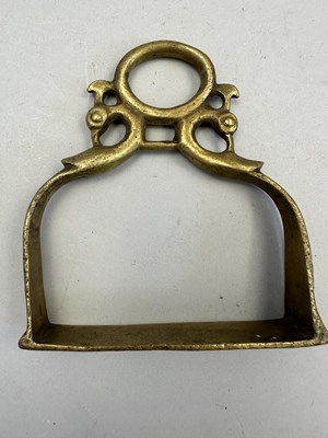 Lot 548 - AN INDIAN COPPER ALLOY STIRRUP AND A PAIR OF INDIAN COPPER ALLOY STIRRUPS, 18TH/19TH CENTURY