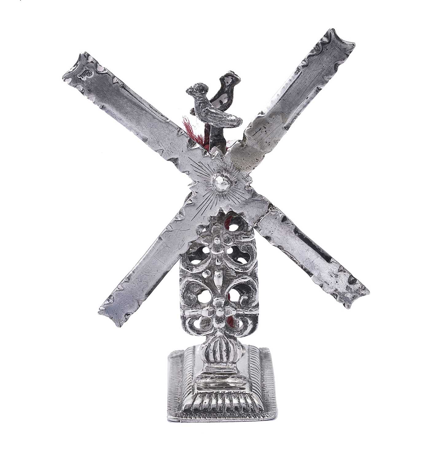 Lot 75 - A DUTCH SILVER MINIATURE WINDMILL THREAD WINDER, MAKER'S MARK B ONLY, POSSIBLY FOR JAN BREDA OF AMSTERDAM, CIRCA 1700