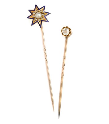 Lot 378 - TWO GEM-SET AND DIAMOND STICK PINS, 1890s