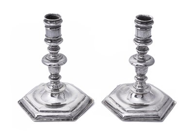 Lot 86 - A PAIR OF DUTCH SILVER MINIATURE CANDLESTICKS, MAKER'S MARK A TREE OR A STANDING FIGURE, AMSTERDAM, EARLY 18TH CENTURY