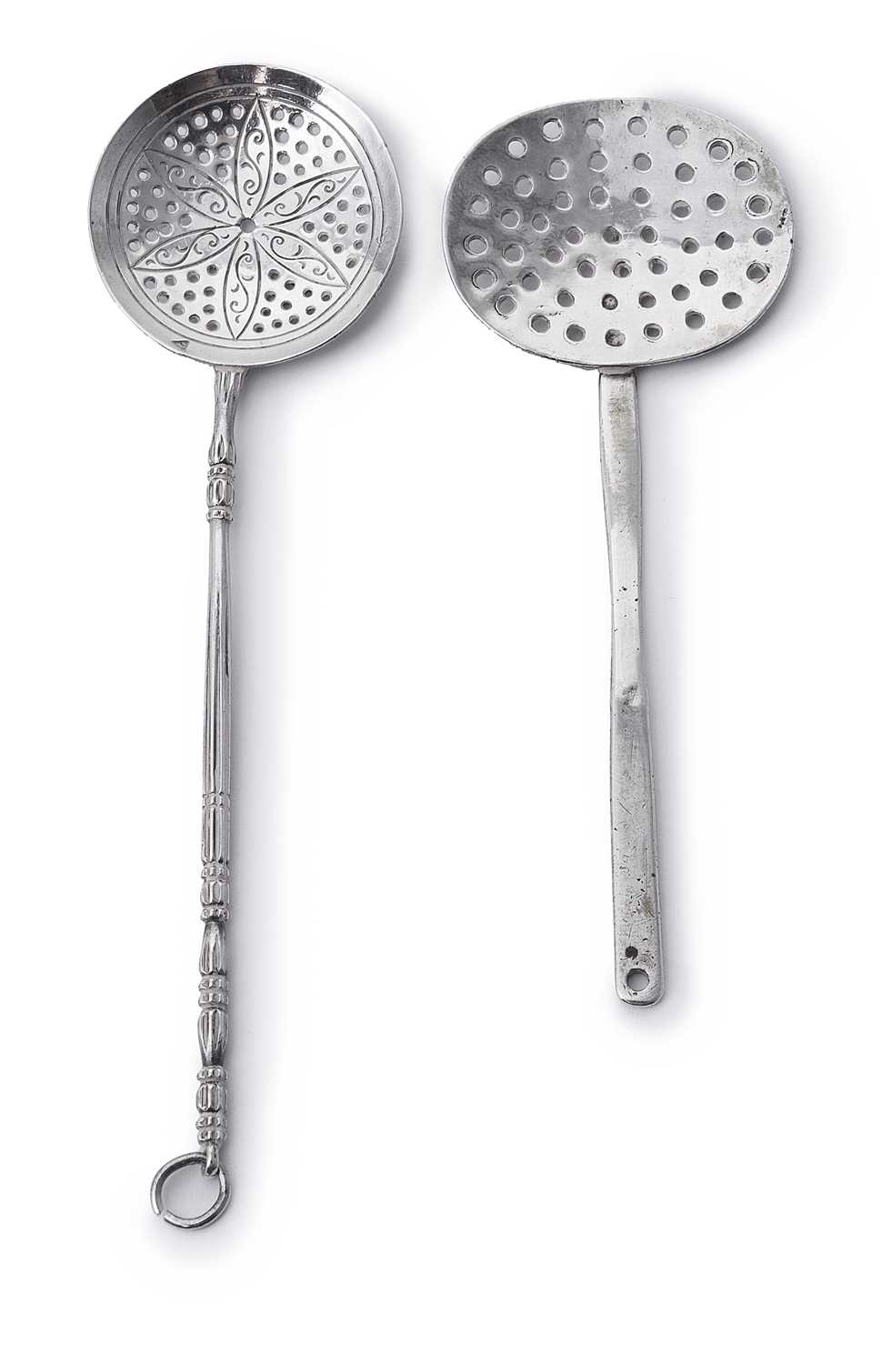 Lot 96 - TWO DUTCH SILVER MINIATURE STRAINING SPOONS, THE FIRST UNMARKED, THE SECOND POSSIBLY ROTTERDAM, 19TH CENTURY