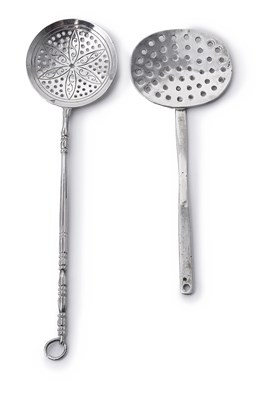 Lot 96 - TWO DUTCH SILVER MINIATURE STRAINING SPOONS, THE FIRST UNMARKED, THE SECOND POSSIBLY ROTTERDAM, 19TH CENTURY