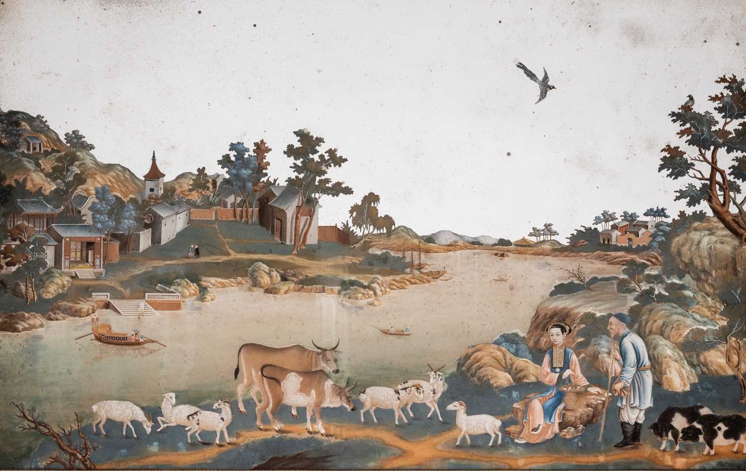 Lot 57 - A CHINESE REVERSE GLASS PAINTED MIRROR