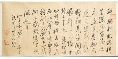Lot 65 - CHINESE SCHOOL, HAND SCROLL OF A HUNTING SCENE, 19TH CENTURY