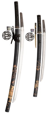Lot 88 - A JAPANESE DAISHÃ” (PAIRED LONG AND SHORT SWORDS) IN BLACK LACQUERED SAYA (SCABBARD) DECORATED IN