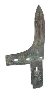 Lot 123 - A CHINESE BRONZE HALBERD, PROBABLY ZHOU DYNASTY OR EARLY WARRING STATES AND TWO FURTHER HALBERDS