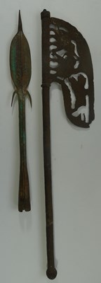 Lot 163 - A DECORATED IRON AXE AND AN IRON SPEAR HEAD, 19TH/EARLY 20TH CENTURY