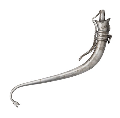 Lot 171 - AN INDIAN POWDER FLASK FORMED ENTIRELY OF STEEL, 19TH CENTURY