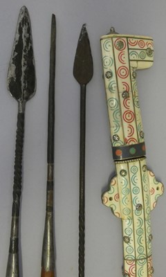 Lot 198 - FOUR AFRICAN SPEARS, A SADDLE BAG, AND TWO SWORDS FOR THE TOURIST MARKET, 19TH AND 20TH CENTURY