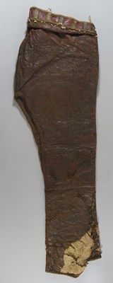 Lot 204 - A PAIR OF ASIAN TRADITIONAL SHOES AND A PAIR OF LEATHER TROUSERS, LATE 19TH/20TH CENTURY