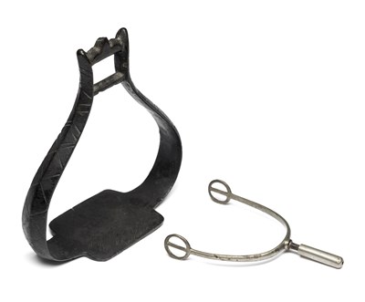 Lot 235 - A COPPER ALLOY STIRRUP, LATE 15TH/EARLY 16TH CENTURY AND A SAFETY SPUR, 19TH CENTURY