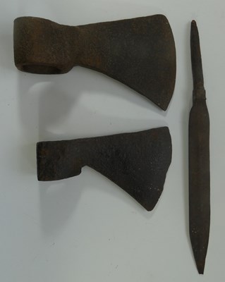 Lot 271 - TWO IRON AXE HEADS, 18TH/19TH CENTURY AND A DETACHED BLADE
