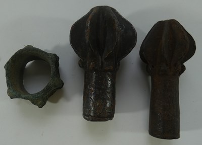 Lot 275 - TWO CENTRAL EUROPEAN IRON MACE HEADS, 17TH CENTURY AND ANOTHER, OF BRONZE
