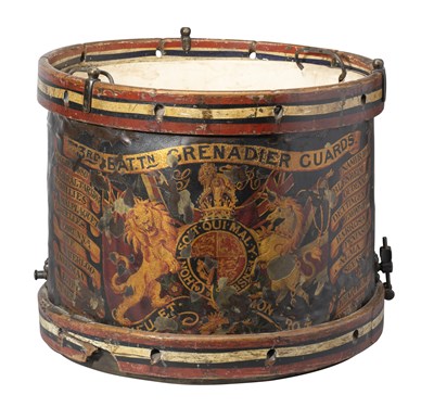 Lot 352 - A PAINTED REGIMENTAL DRUM OF THE 3RD BATTALION, GRENADIER GUARDS, POST 1902
