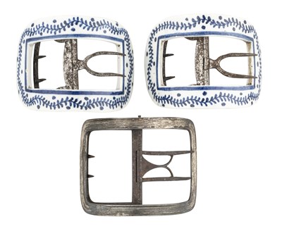Lot 393 - A PAIR OF STAFFORDSHIRE CREAMWARE SHOE BUCKLES, CIRCA 1780, AND OTHER ITEMS