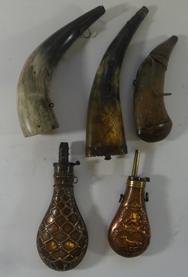 Lot 407 - THREE HORN FLASKS AND TWO COPPER POWDER-FLASKS, 19TH CENTURY