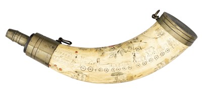 Lot 408 - AN ENGRAVED COWHORN POWDER-FLASK, PROBABLY SCOTTISH SECOND QUARTER OF THE 19TH CENTURY