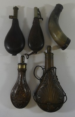Lot 411 - FIVE POWDER AND SHOT-FLASKS, 19TH CENTURY