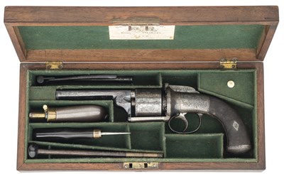 Lot 444 - A 50 BORE TRANSITIONAL SIX-SHOT SELF-COCKING BAR-HAMMER PERCUSSION REVOLVER BY CLOUGH & SON
